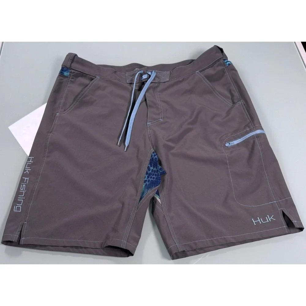 HUK Fishing Shorts Mens XL Gray Hybrid Boardshorts Swim Trunks P0000545